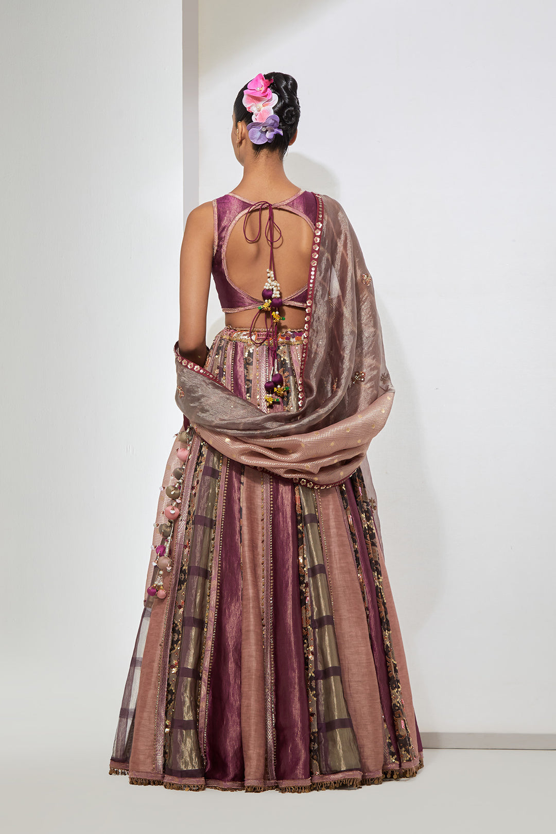 Burgundy Pink Patchwork Embellished Lehenga Set with Organza Dupatta