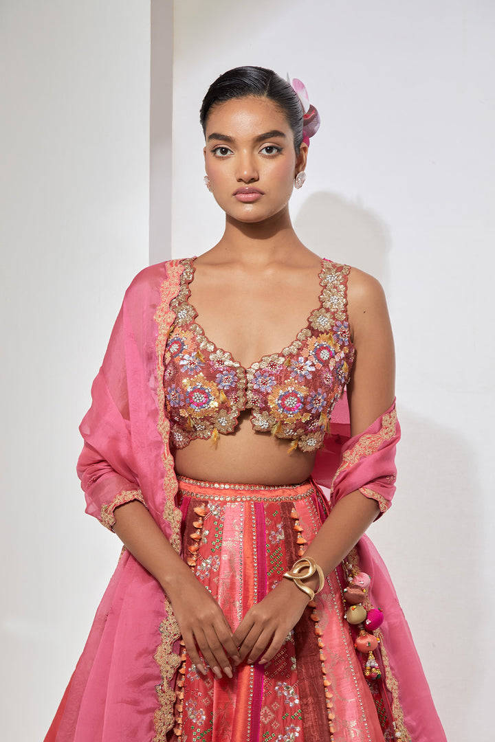 Peach Pink Embroidered Lehenga Set with Dupatta