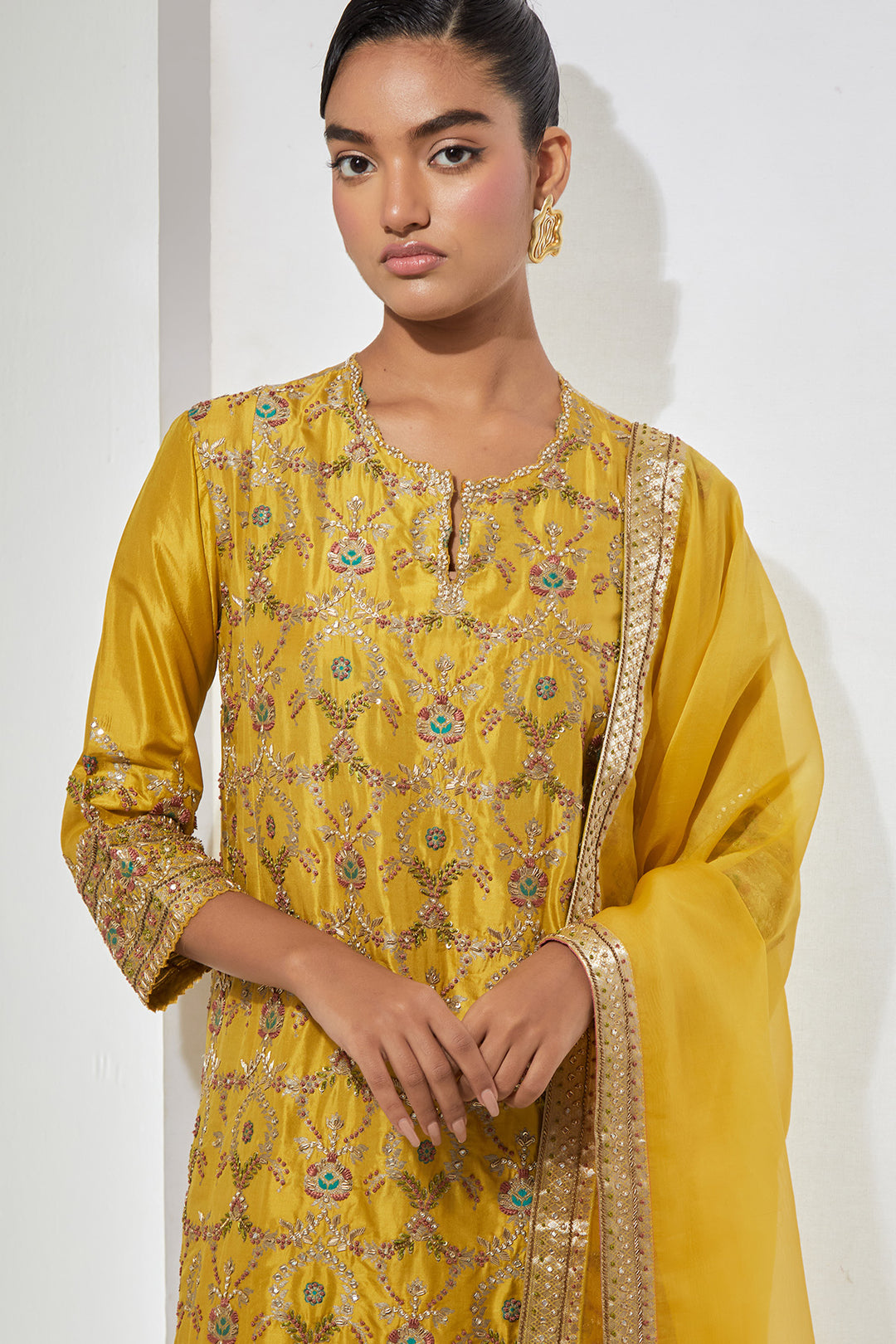 Mustard Embroidered Kurta Set with Dupatta