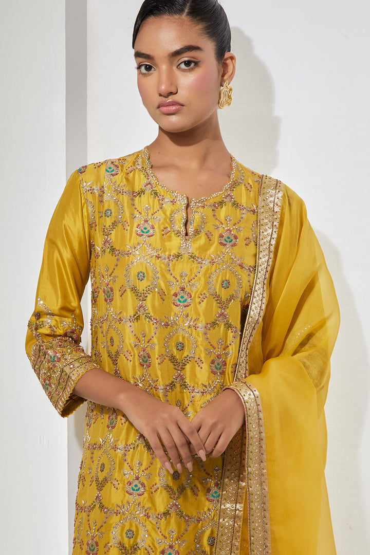 Mustard Embroidered Kurta Set with Dupatta