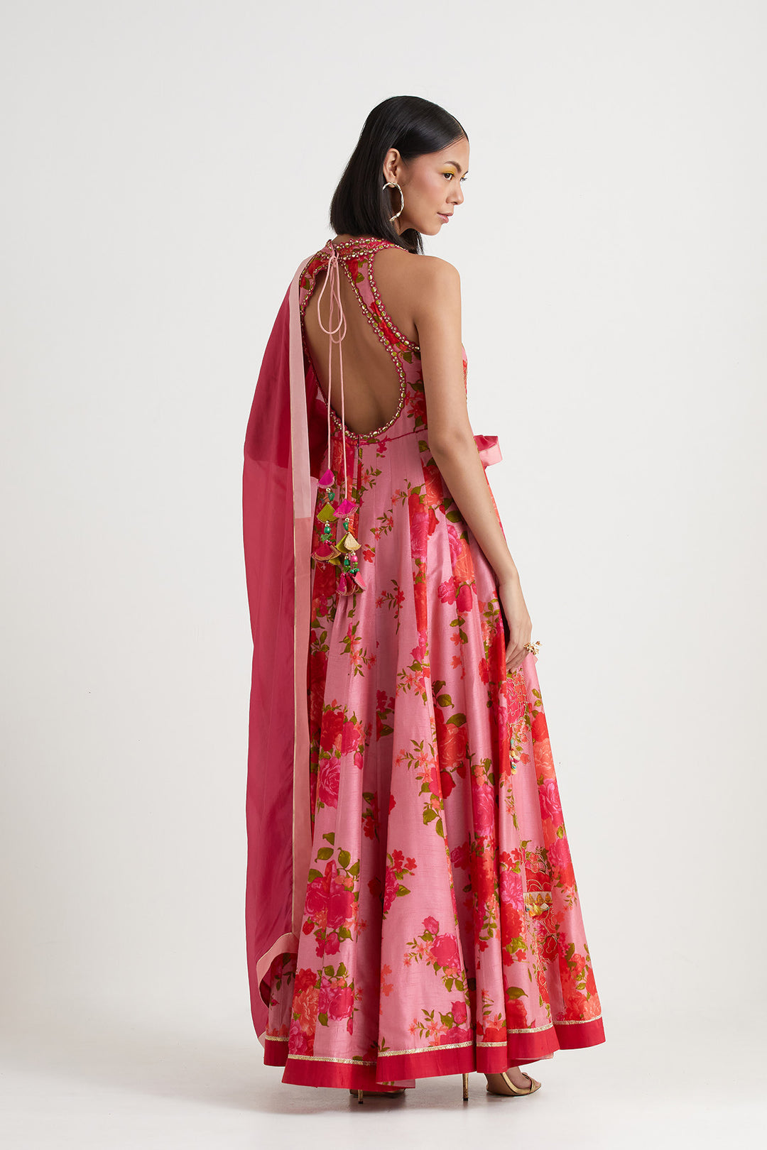 Pink printed embroidered anarkali gown with dupatta