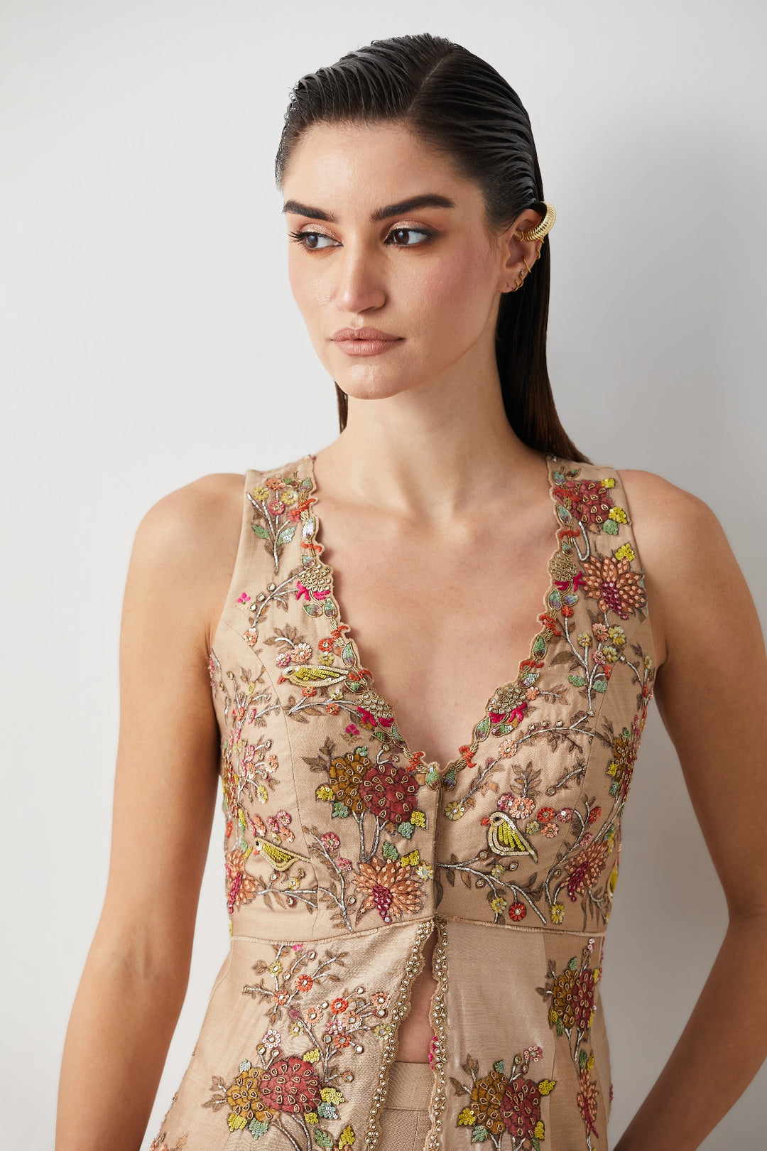 Ivory Silk Embroidered Peplum Sharara Set