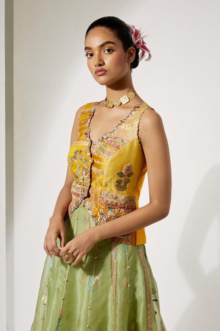 Sunflower Embroidered Corset &amp; Green Organza Skirt Set