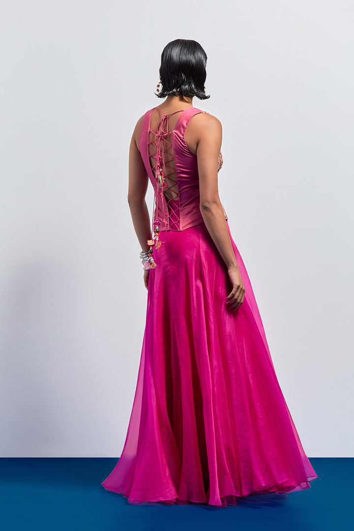 Hot pink embroidered corset skirt set