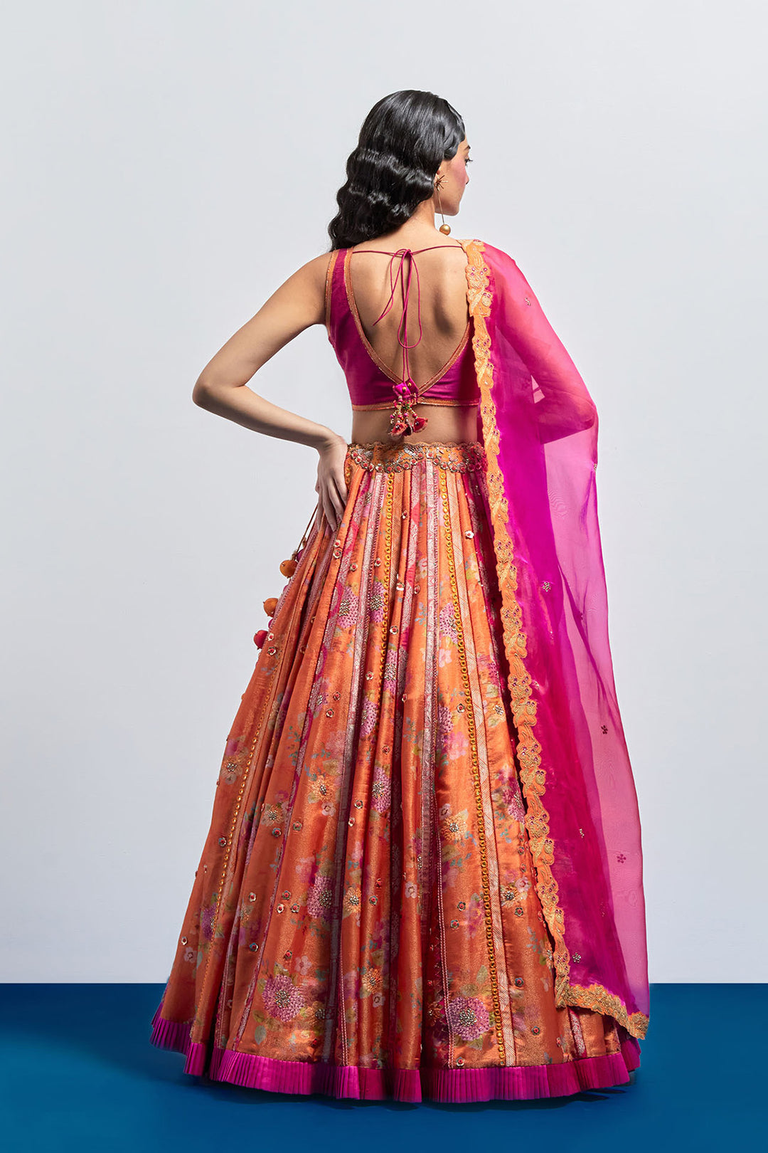 Orange printed embroidered lehenga dupatta set