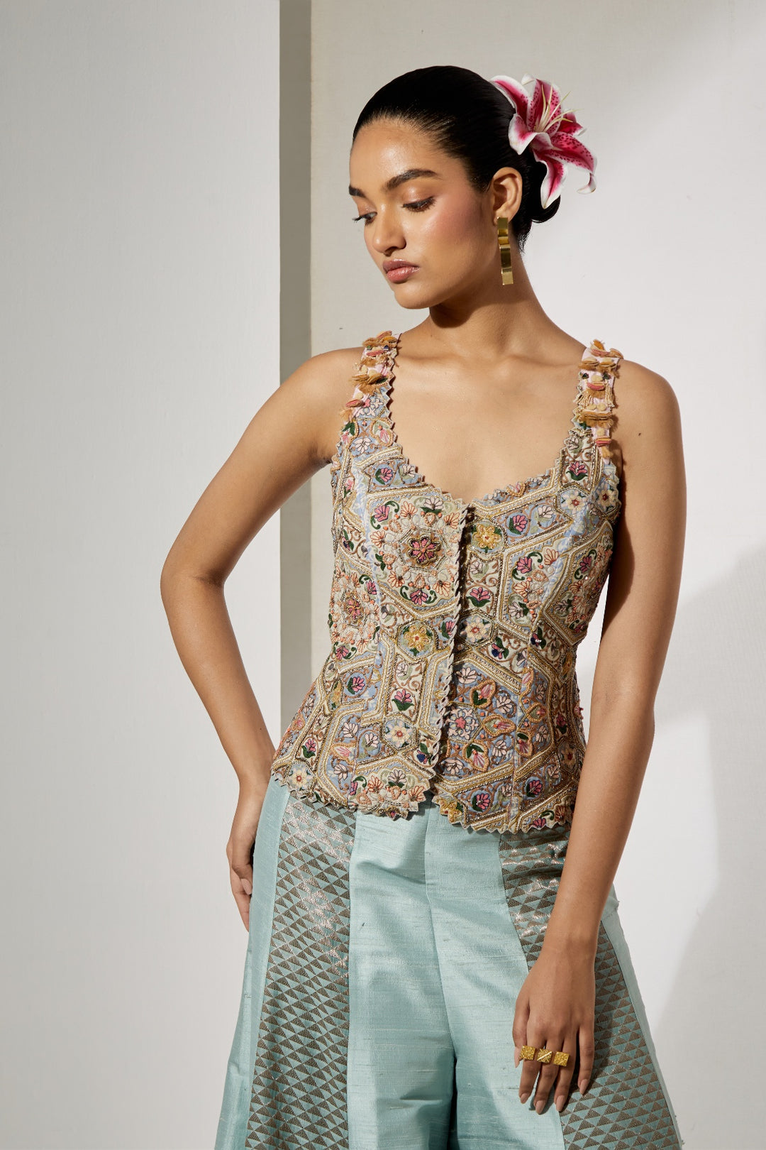Powder Blue Embroidered Corset &amp; Sharara Set