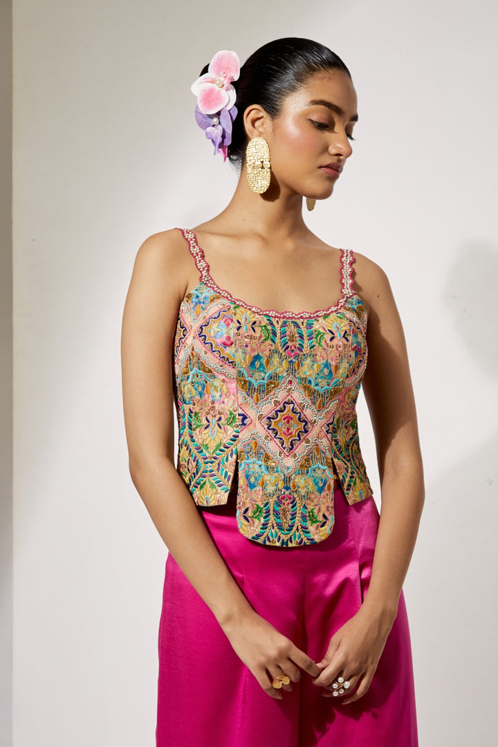 Fuchsia Embroidered Corset &amp; Palazzo Set