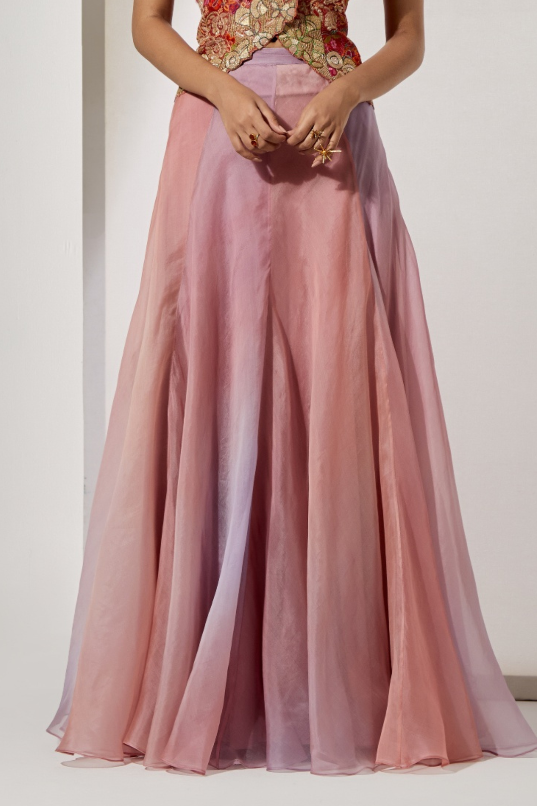 Bronze Ornate Embroidered Corset+Ombre Organza Flared Skirt in Lavender-Peach