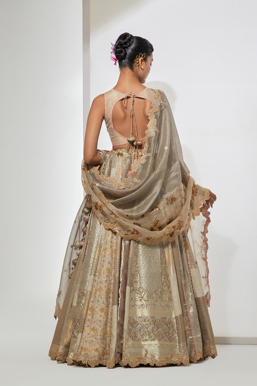 Ivory Taupe Silver Multi-Panel Tissue and Silk Brocade Lehenga Set with 3D Tassel Corset Blouse