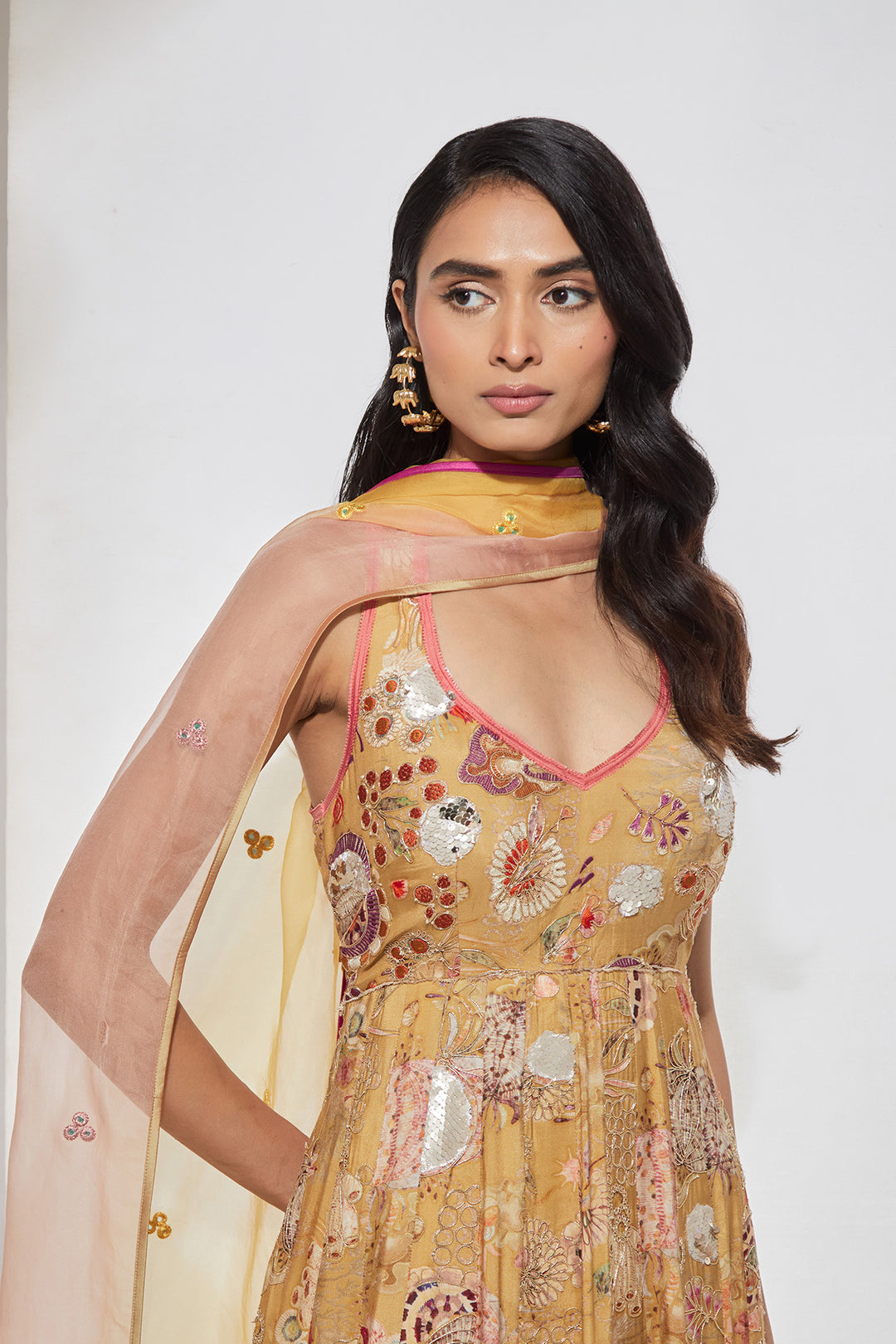 Yellow Floral Printed Anarkali Set with Organza Dupatta