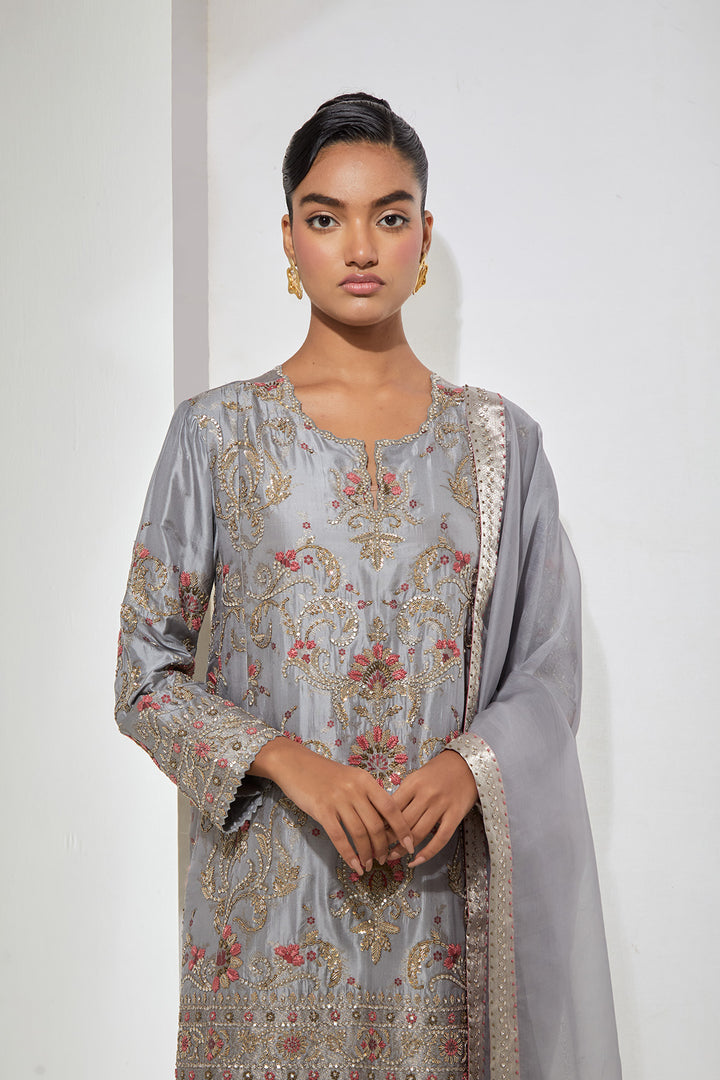 Grey Embroidered Kurta Set with Dupatta