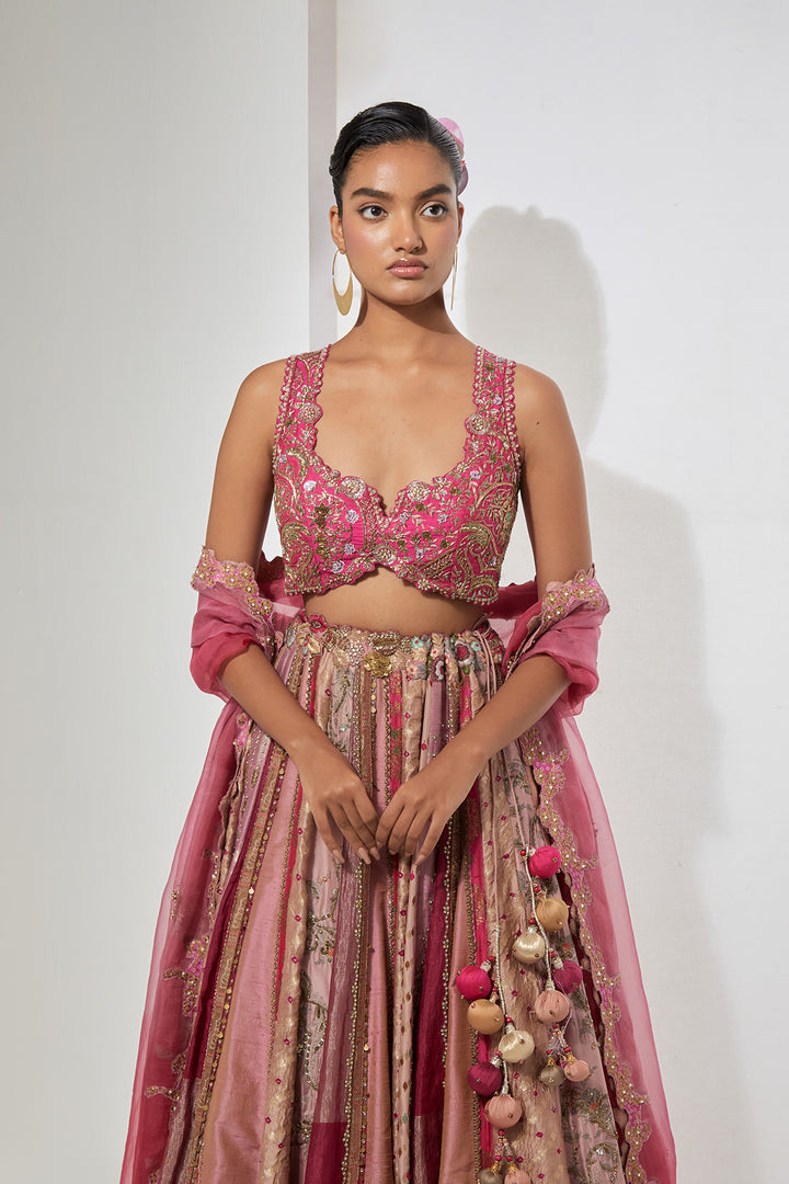 Baby Pink &amp; Hot Pink Multi-Panel Banarasi Silk Lehenga Set with Heavy Zardozi Scalloped Blouse
