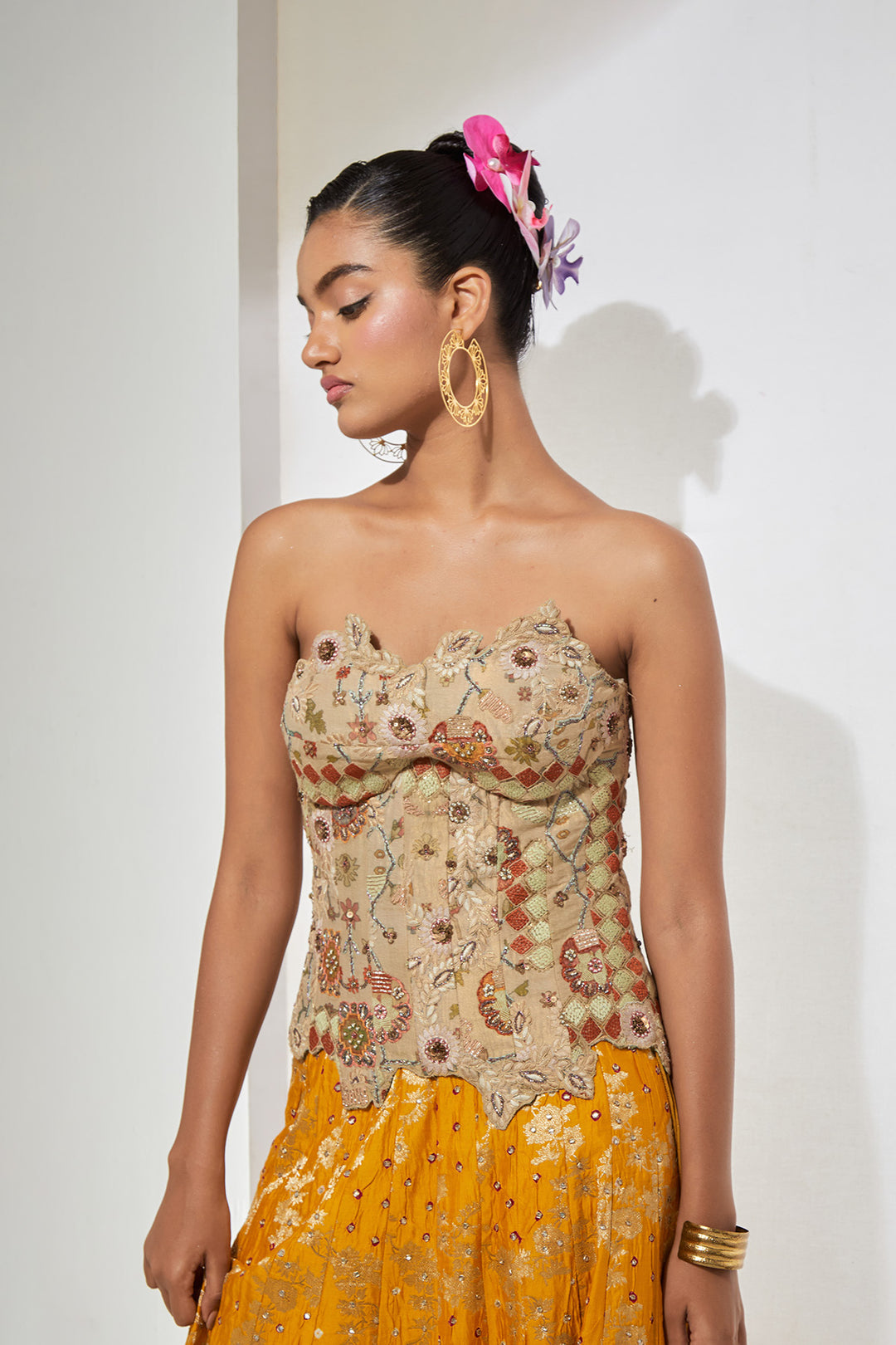 Antique Gold Floral Strapless Corset &amp; Mustard Bandani Silk Lehenga