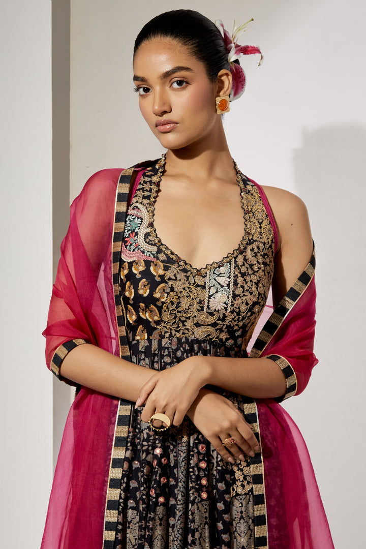 Noir Zari Silk Anarkali Set | RTS