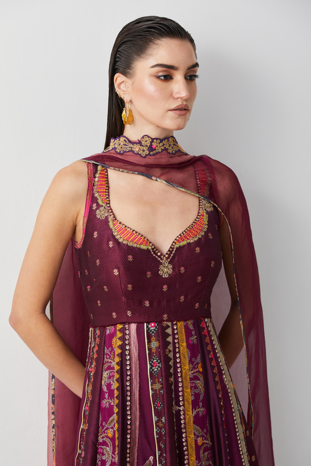 Wine Silk Embroidered Anarkali Set