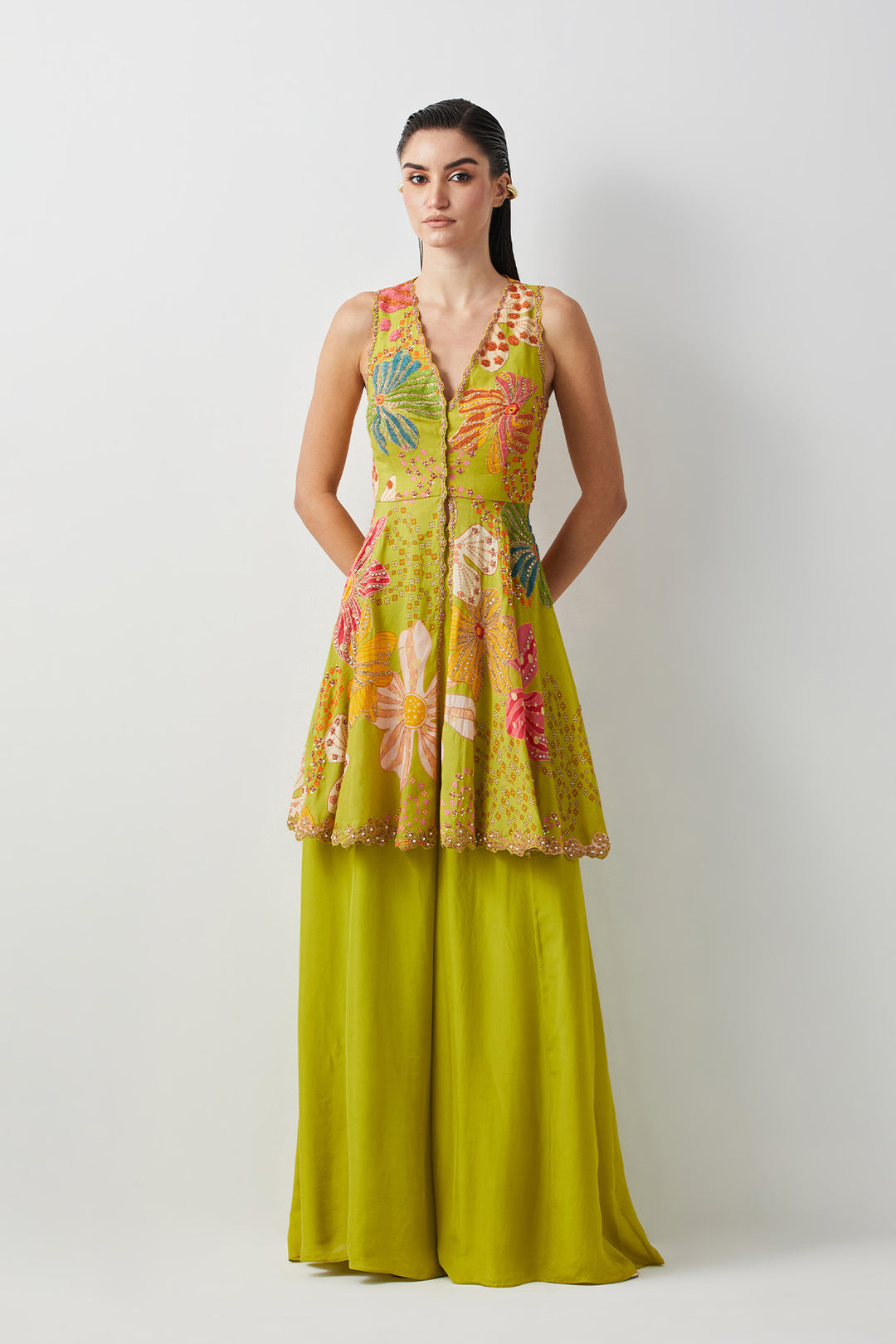 Lime green embroidered peplum sharara set