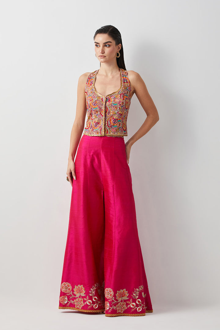 Hot pink embroidered and multi corset plazzo set