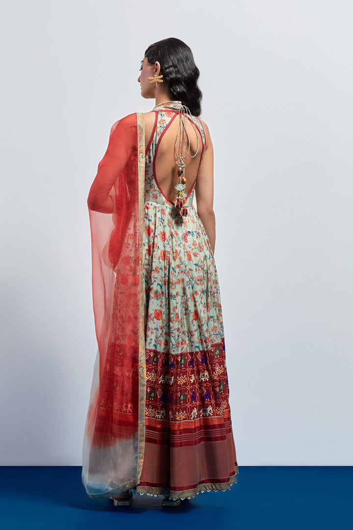 Saga green and rust block print anarkali set