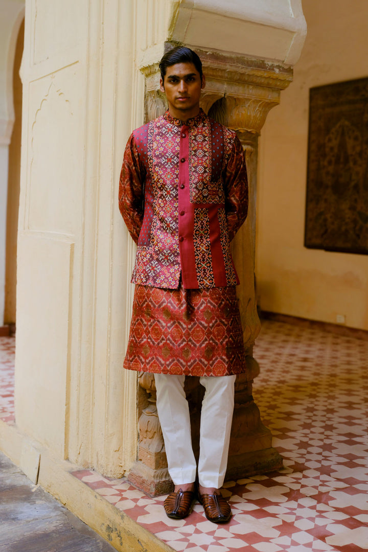 Rust Ikat Silk Bundi Set
