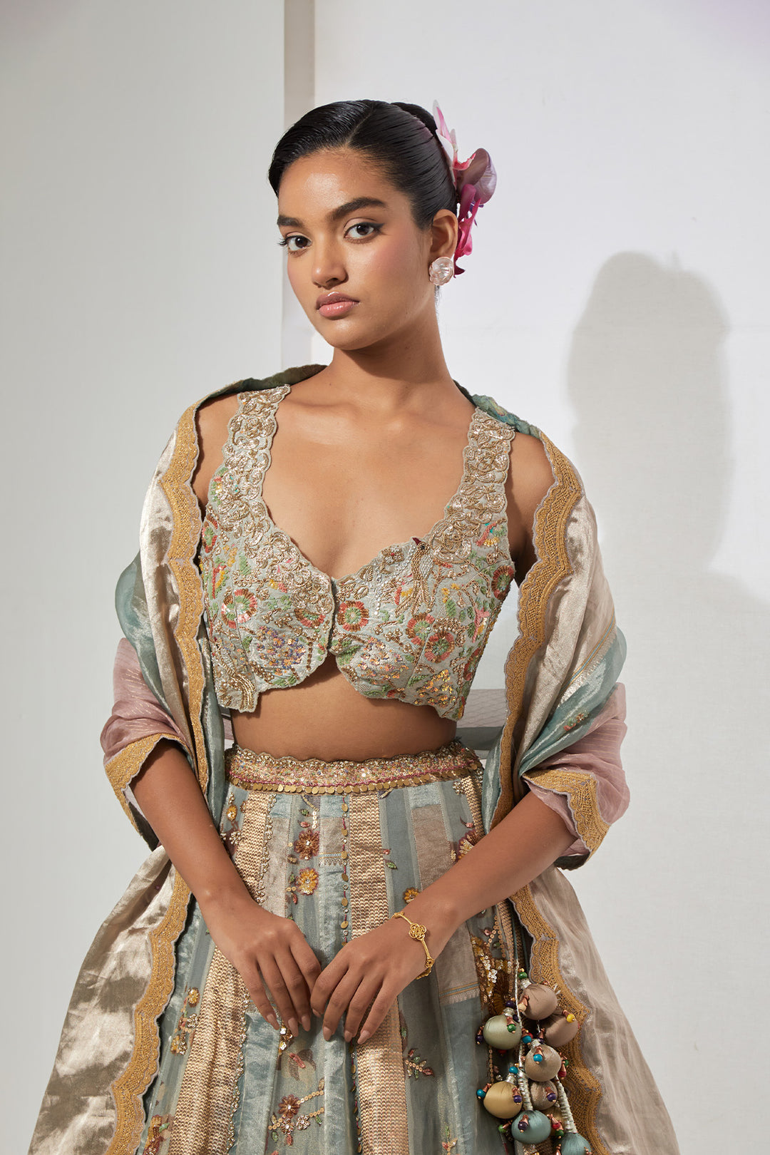 Aqua Floral Embroidered Lehenga Set with Bralette Blouse &amp; Dupatta