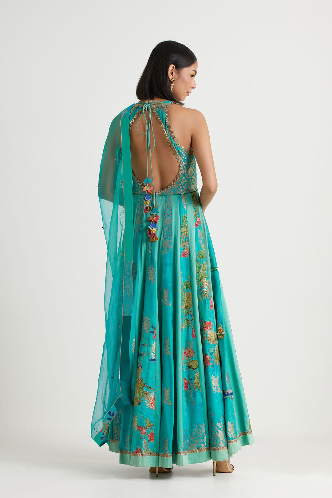 Aqua printed embroidered anarkali with dupatta