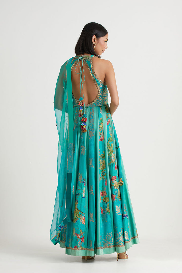 Aqua printed embroidered anarkali with dupatta