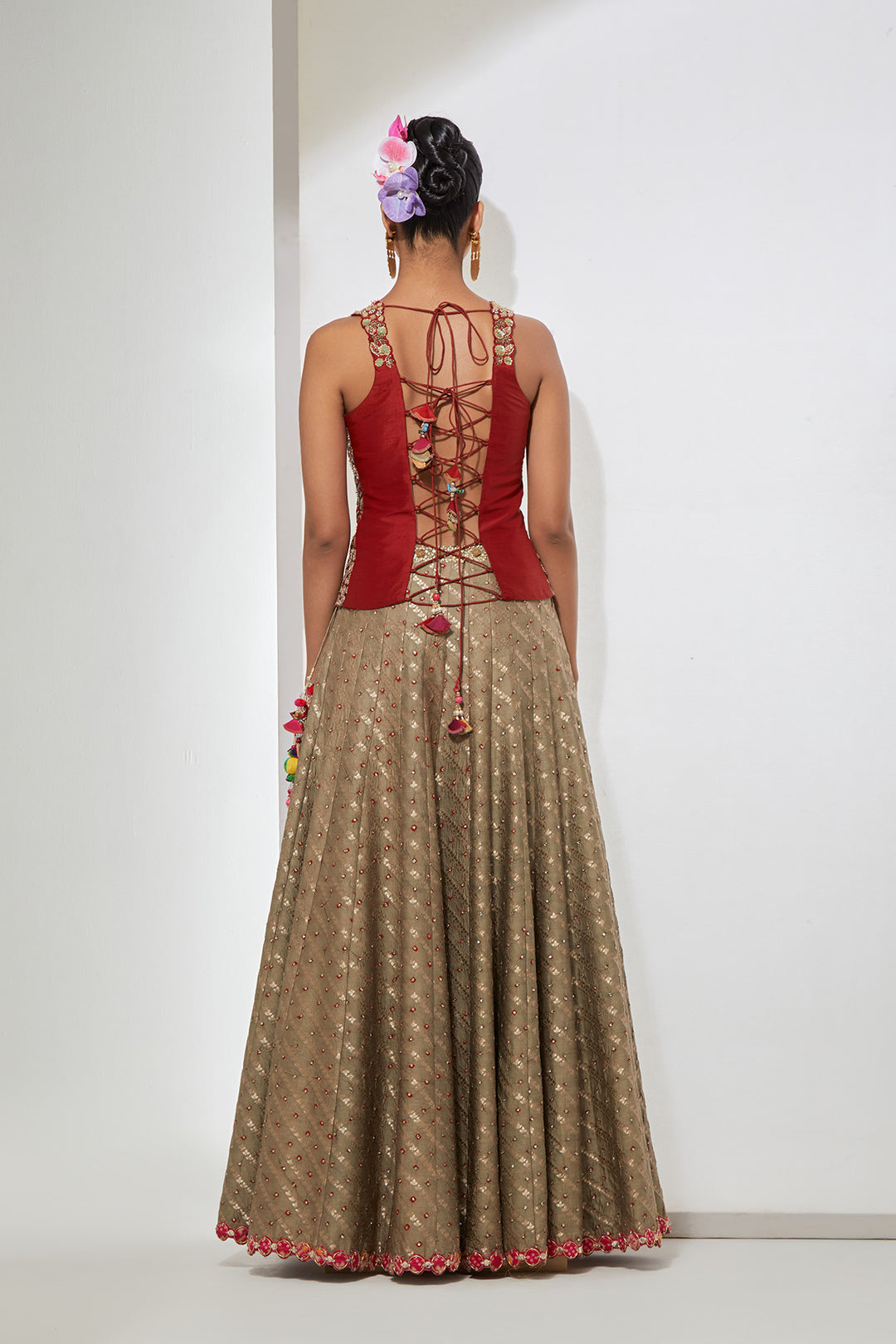 Maroon Embroidered Peplum Corset &amp; Beige Banadni Silk Lehenga