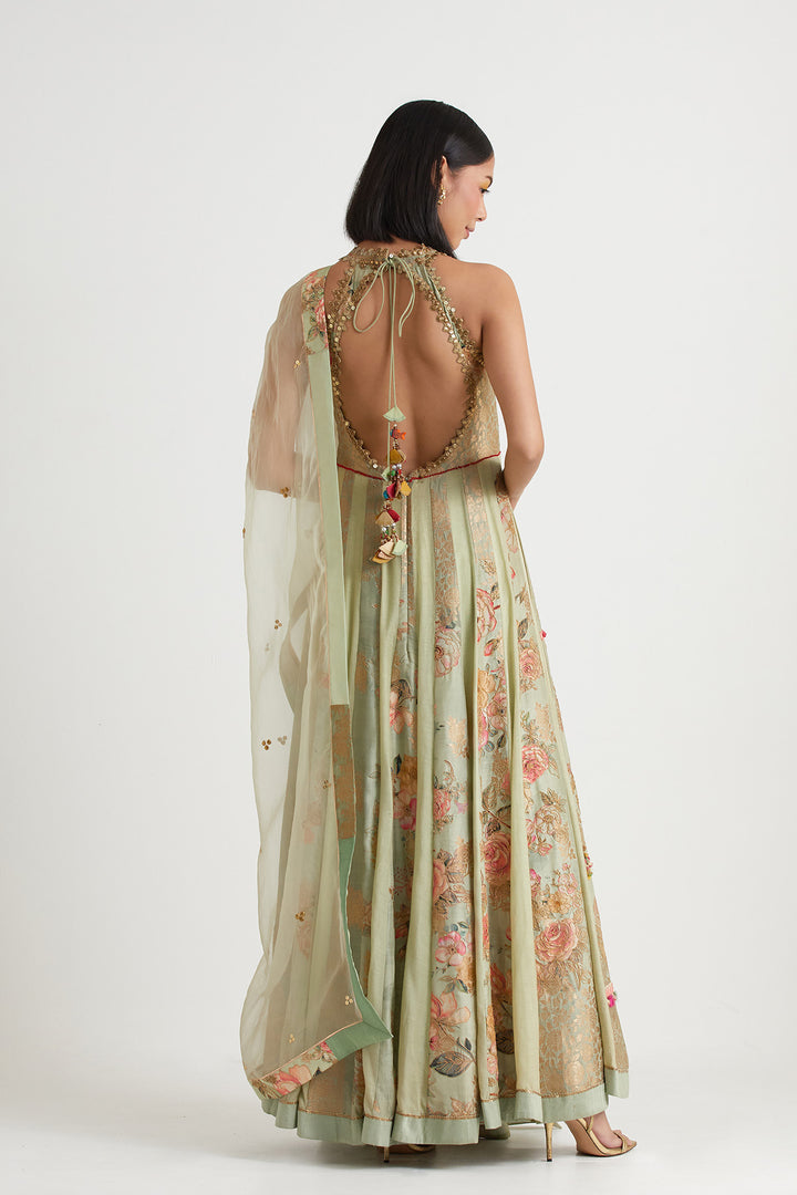 L. green printed embroidered anarkali with dupatta