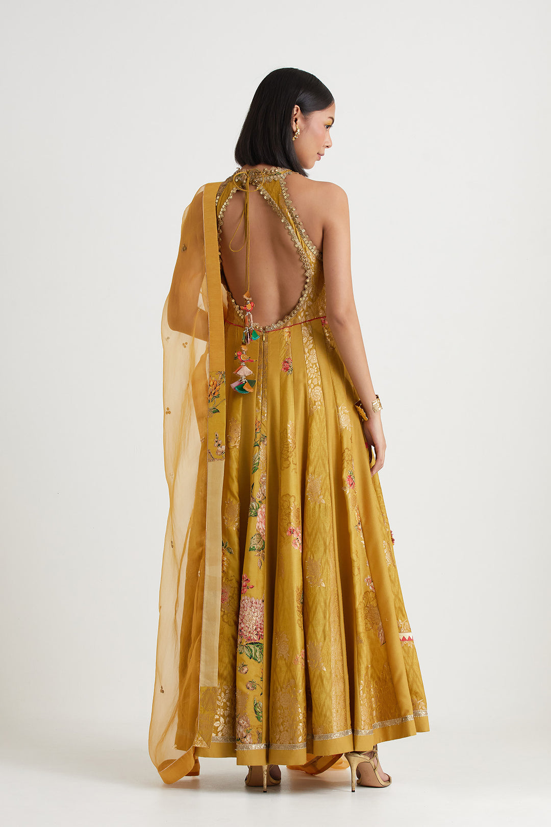 Mustard printed embroidered anarkali with dupatta