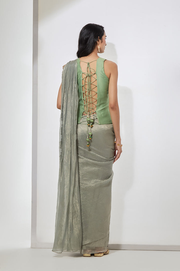 Powder Blue Embellished Pre-Draped Saree with Corset Blouse