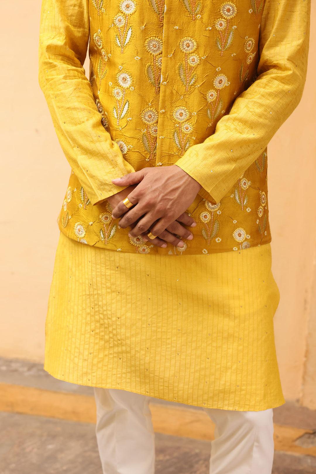 Marigold Yellow Silk Brocade Floral Bandi Set