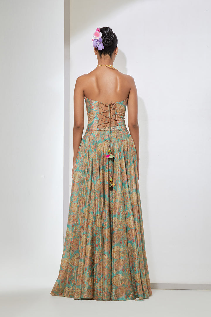 Aqua Paisley Embellished Corset with Printed Skirt Set