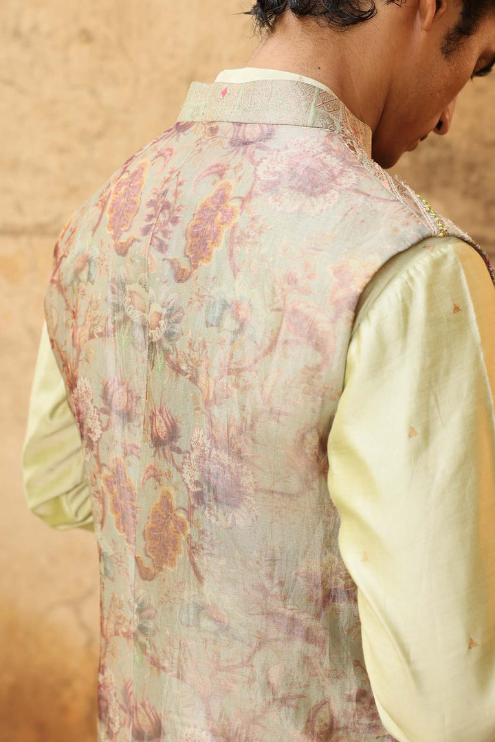 Mint Green Silk Kurta Set with Brocade Jacket