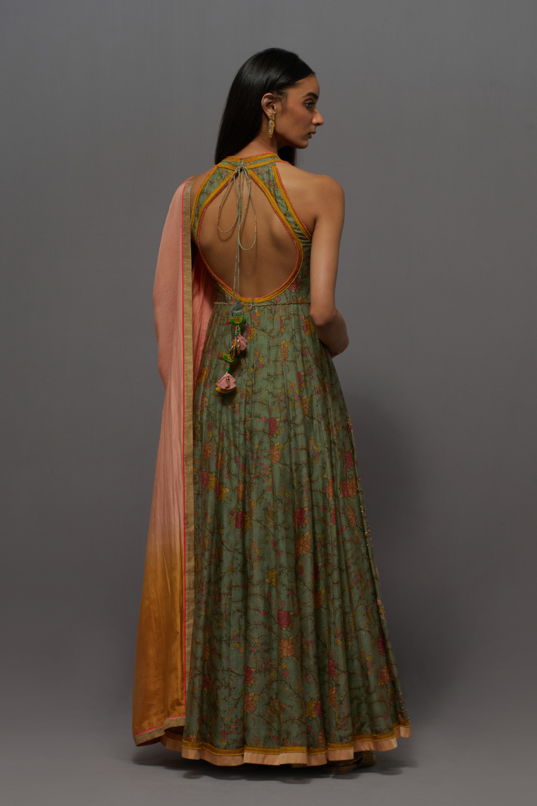 Olive green embroidered anarkali gown with dupatta