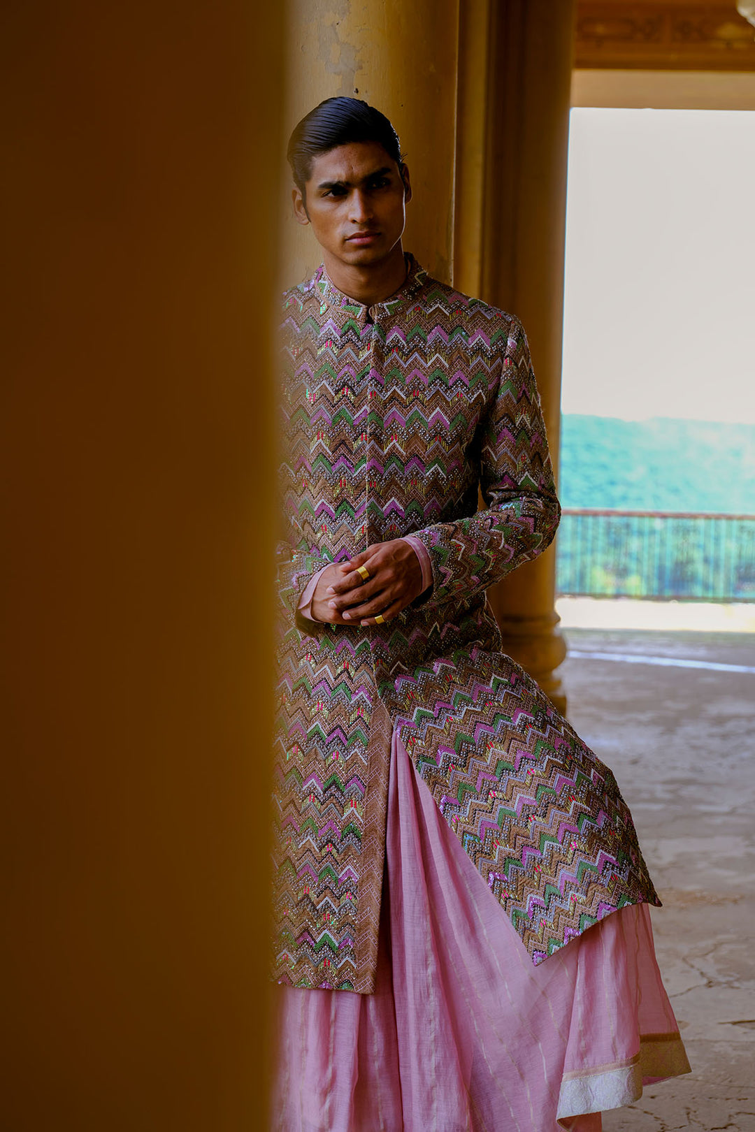 Textured sherwani with layered kurta