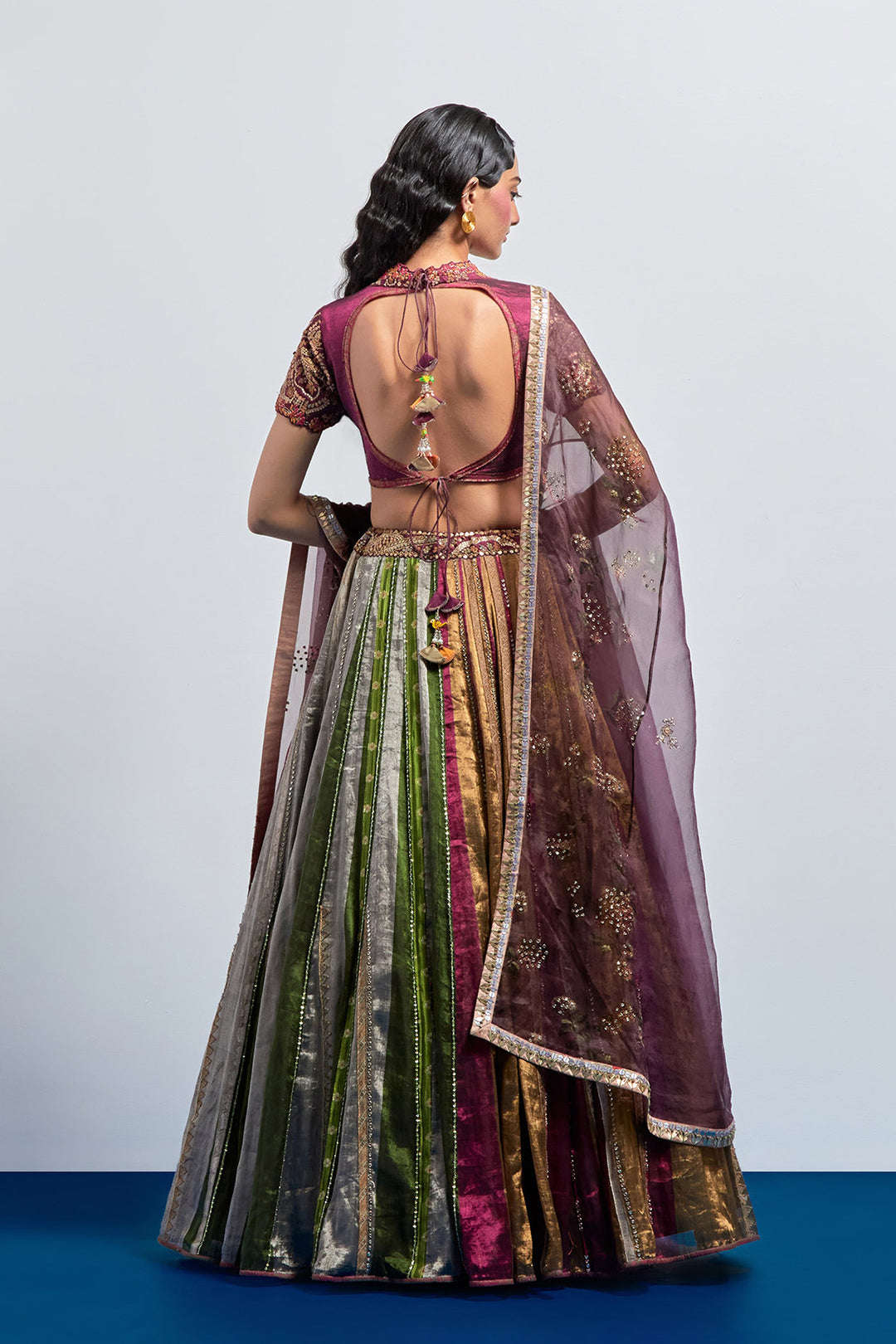 Multicolour striped embroidered lehenga set