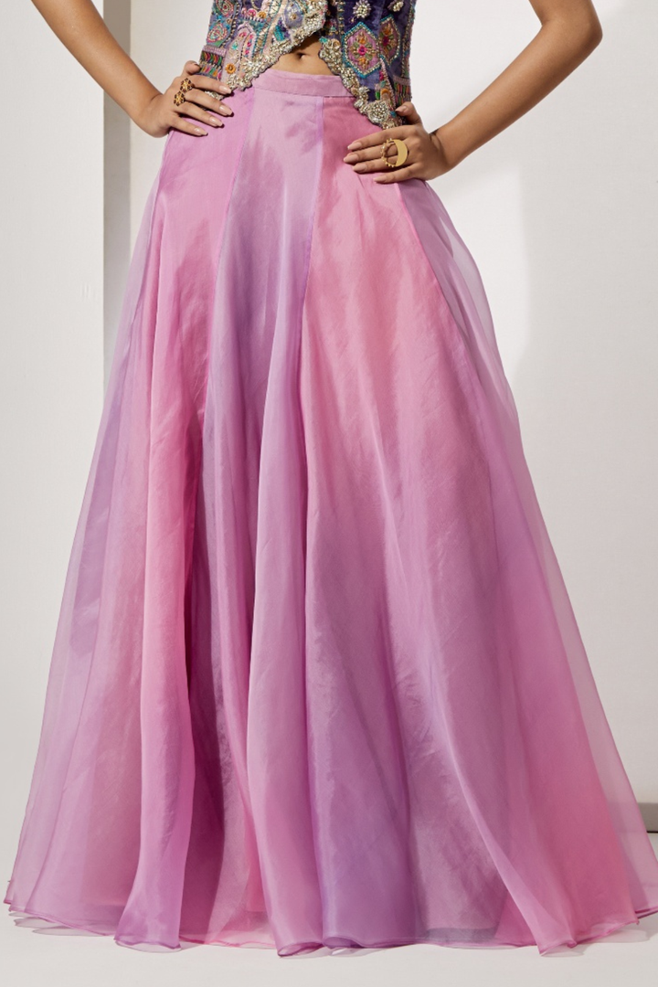 Pastel Patchwork Embroidered Corset+Lavender Plain Organza Flared Skirt
