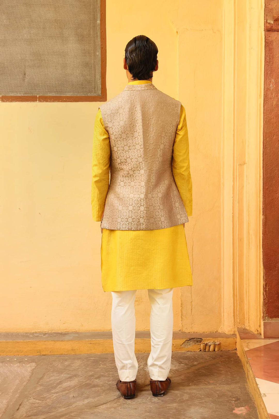 Mustard kurta set with textured jacket