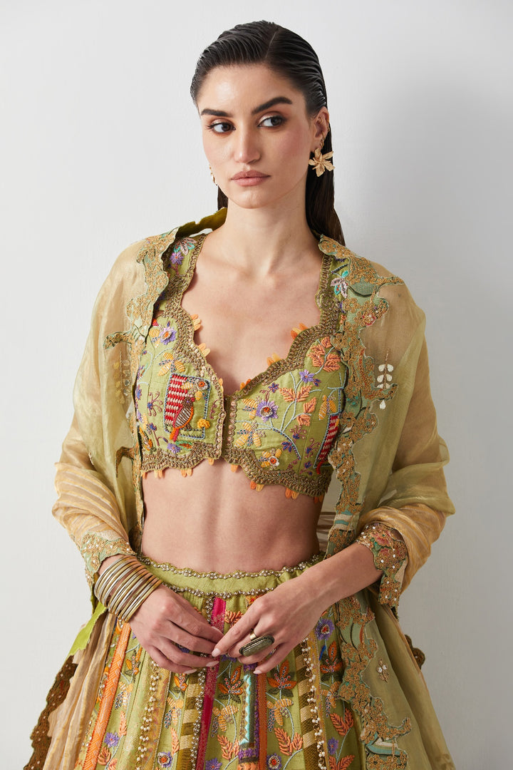 Lime Yellow Hand Embroidered Silk Lehenga Set