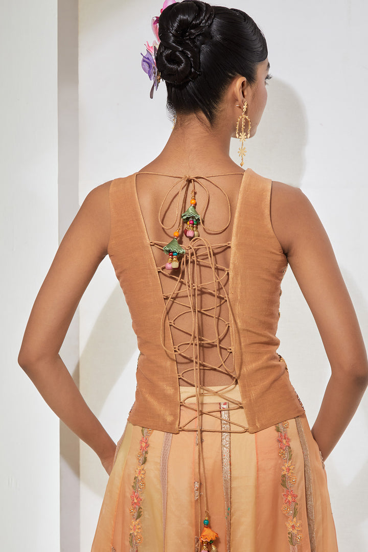 Meher Hand-Embroidered Silk Corset &amp; Organza Skirt Set