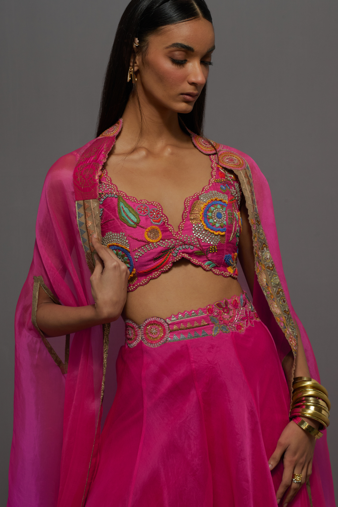 Pink embroidered skirt, cape and blouse set