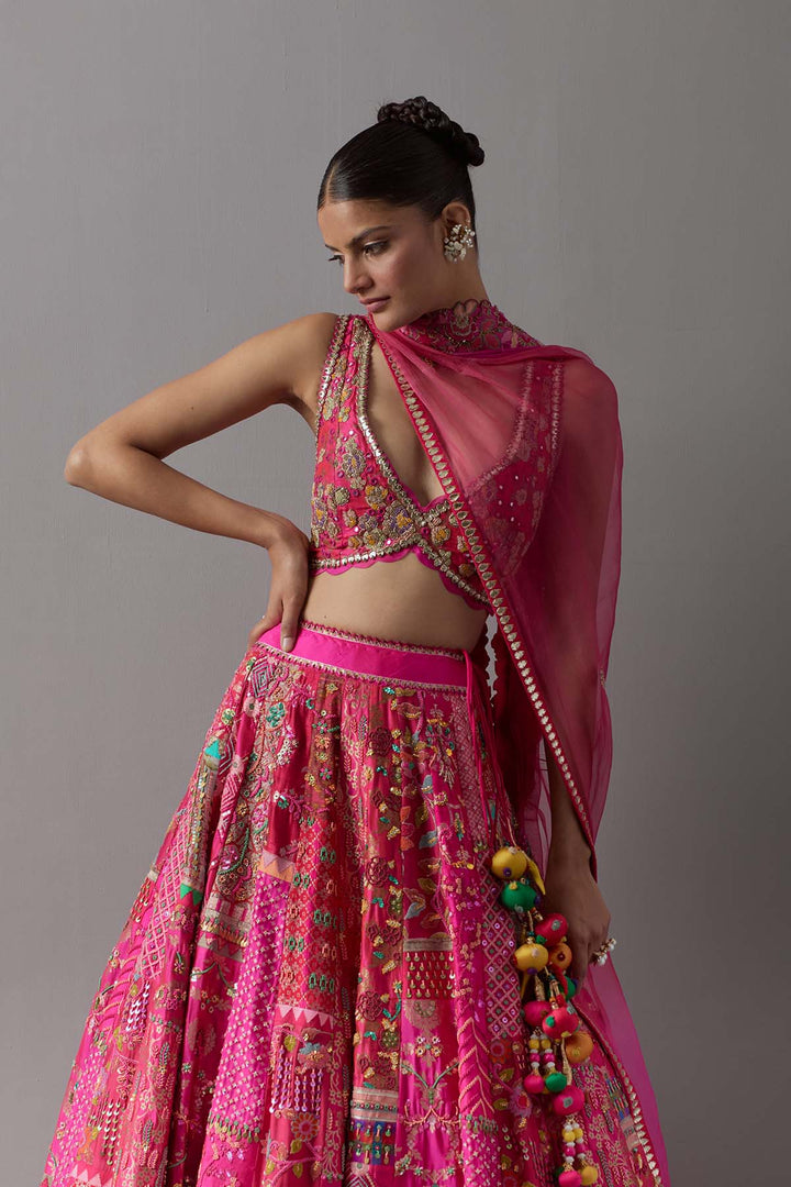 Hot pink embroidered lehenga choli with dupatta