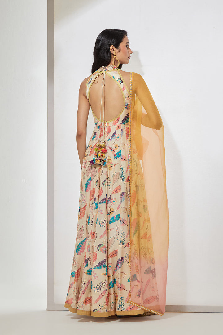 Ivory Feather Print Embellished Anarkali