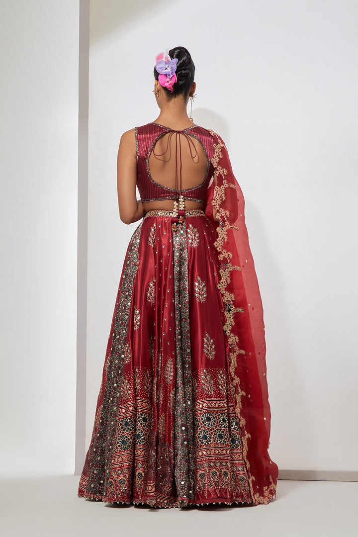 Cherry Red Ajrakh Printed Silk Lehenga Set with 3D Mirror &amp; Gota Heavy Blouse