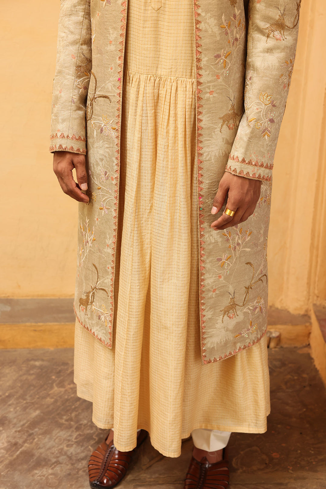 Ivory Silk Embroidered Sherwani Set