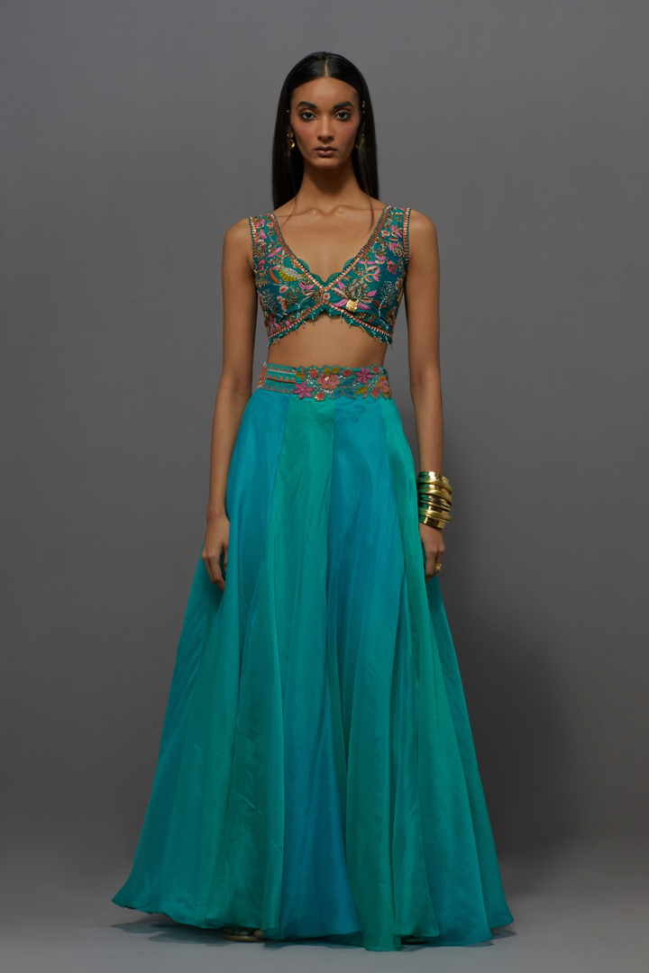 Turquoise blue embroidered skirt, cape and blouse set