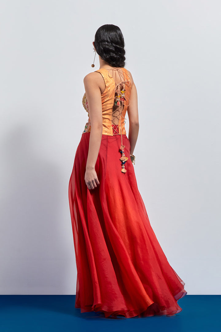 Burnt orange embroidered corset skirt set