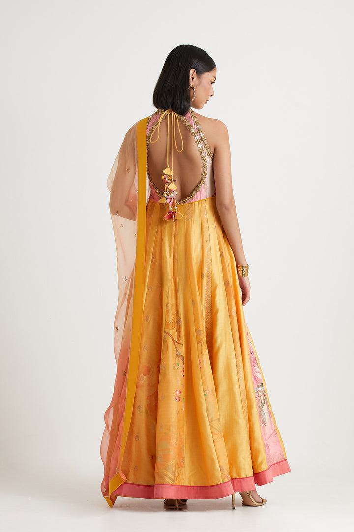 Yellow pink printed embroidered anarkali gown with dupatta