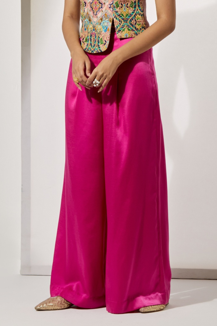 Multicolor Garden Embroidered Corset+Fuchsia High-Waist Pleated Palazzo Pants