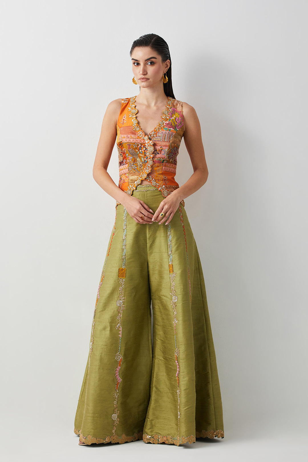 Embroidered silk jacket top with olive plazzo set.